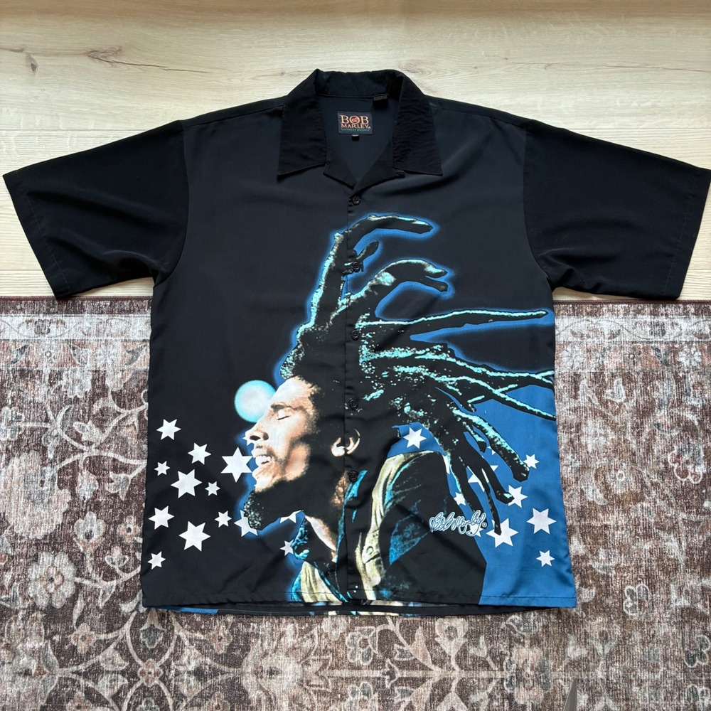 VTG Bob Marley Dragonfly Mens XXL Graphic Button Down Shirt Black Reggae Jamaica